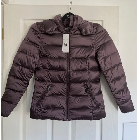 PER UNA M&S WOMENS DOWN & FEATHER VIOLET PURPLE HOODED JACKET PUFFER COAT Sze6us - Picture 1 of 3